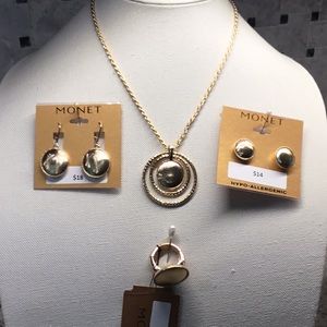 New Monet set gold tone Earrings, ring, necklace